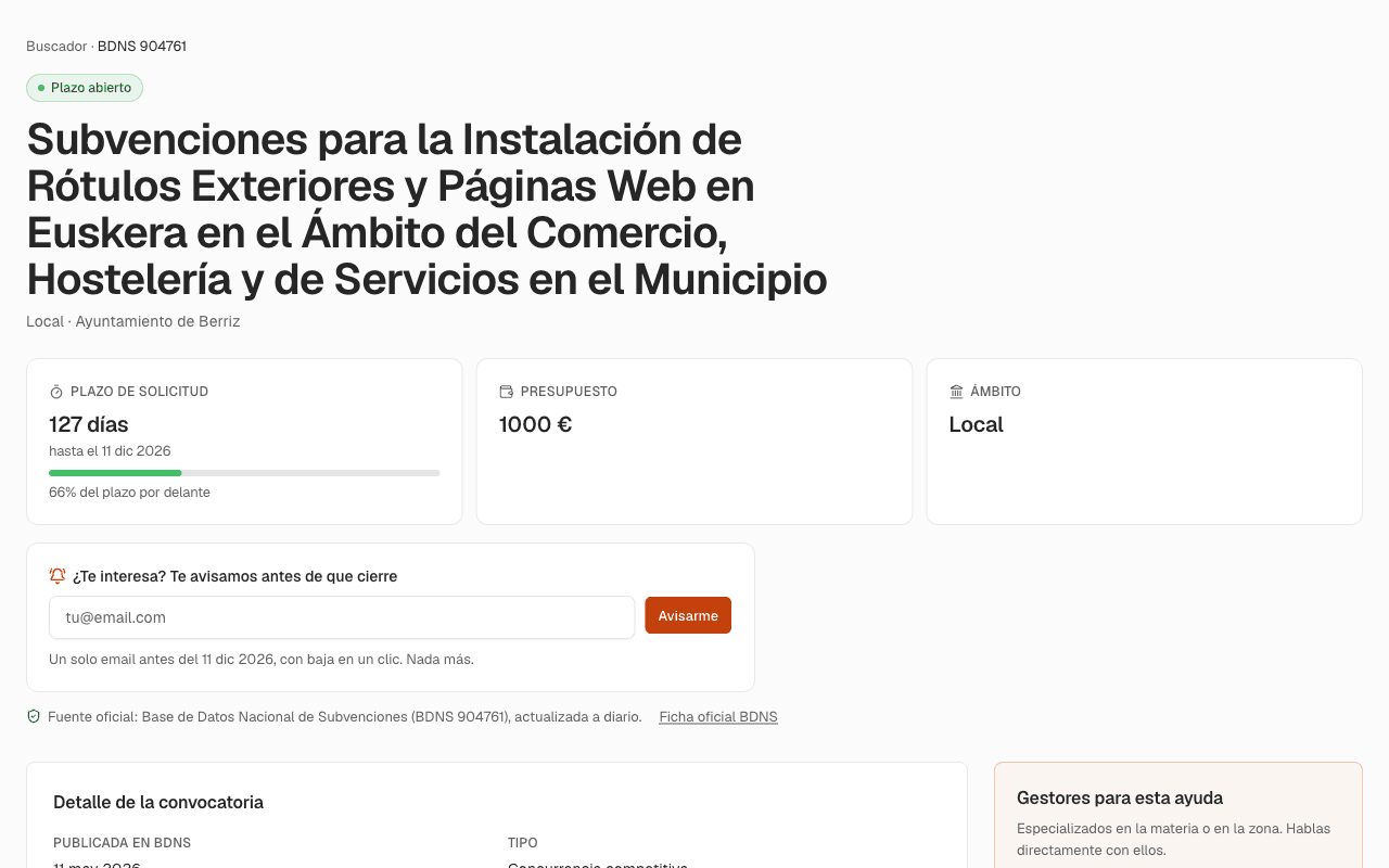 Ficha de convocatoria detallada con resumen de requisitos y enlace oficial a la sede.